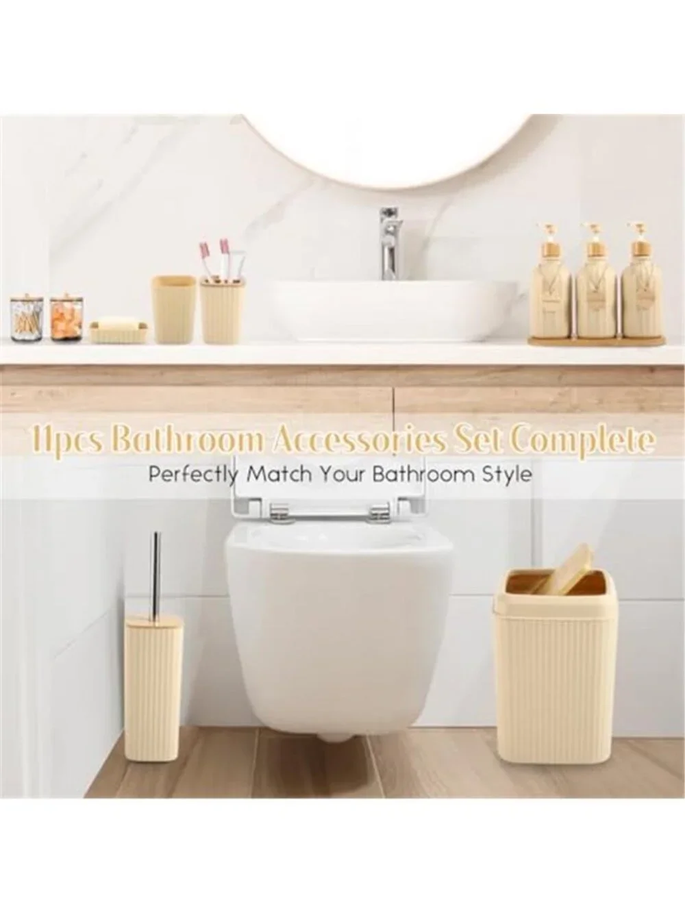 Bathroom Accessories Set 17 Piece Soap Dispenser Toothbrush Holder Beige Vanity